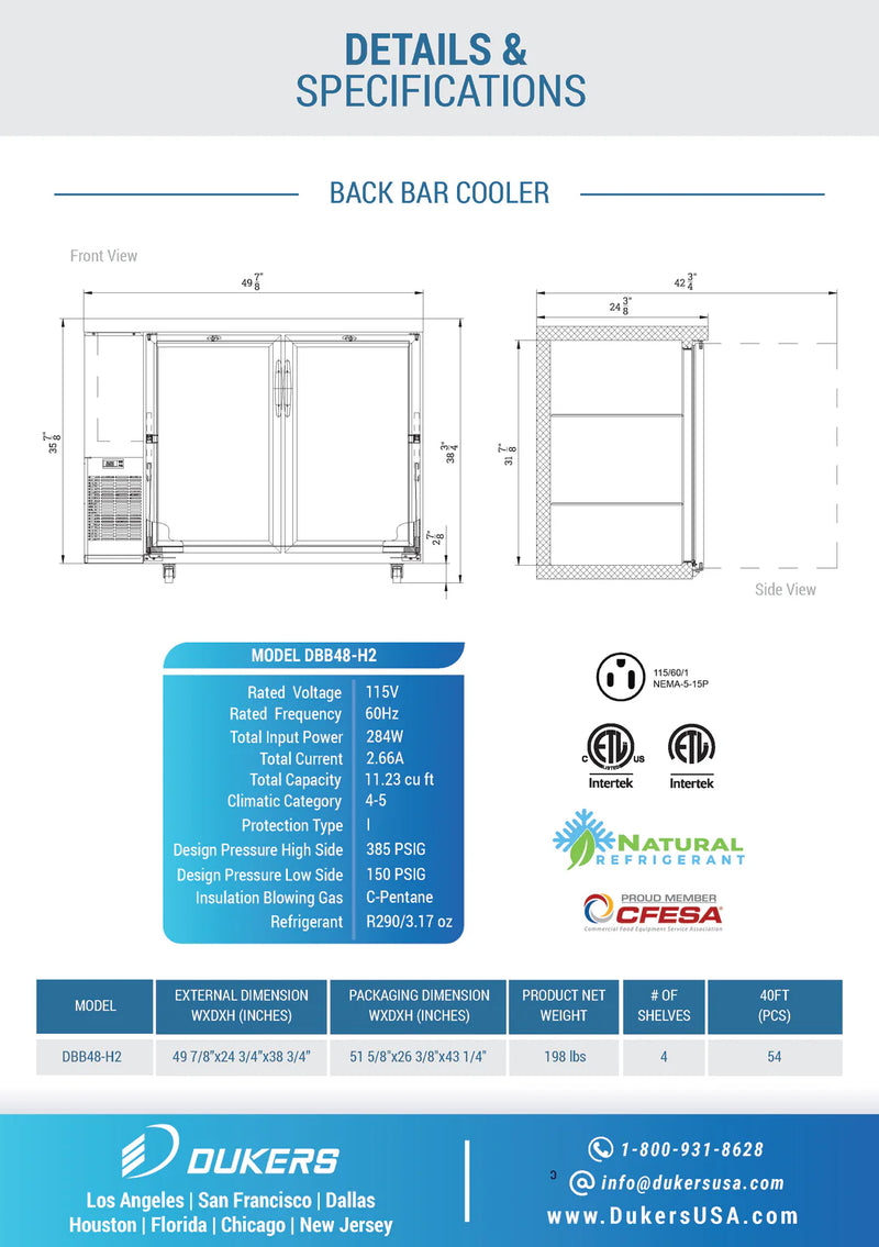 Dukers DBB48-H2 48" Back Bar Cooler - Glass Door