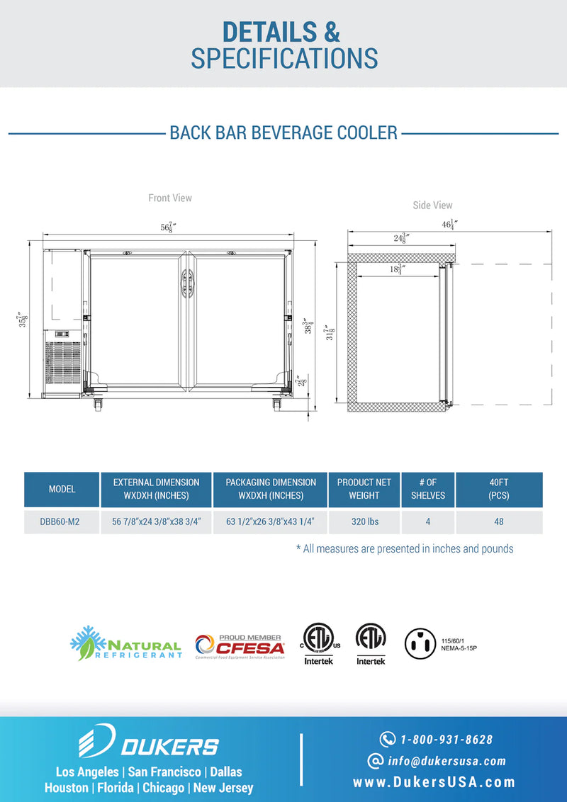 Dukers 60" Back Bar Cooler - Solid Door