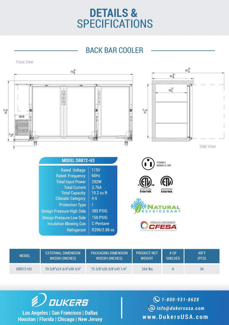 Dukers DBB72-H3 72" Back Bar Cooler - Glass Door