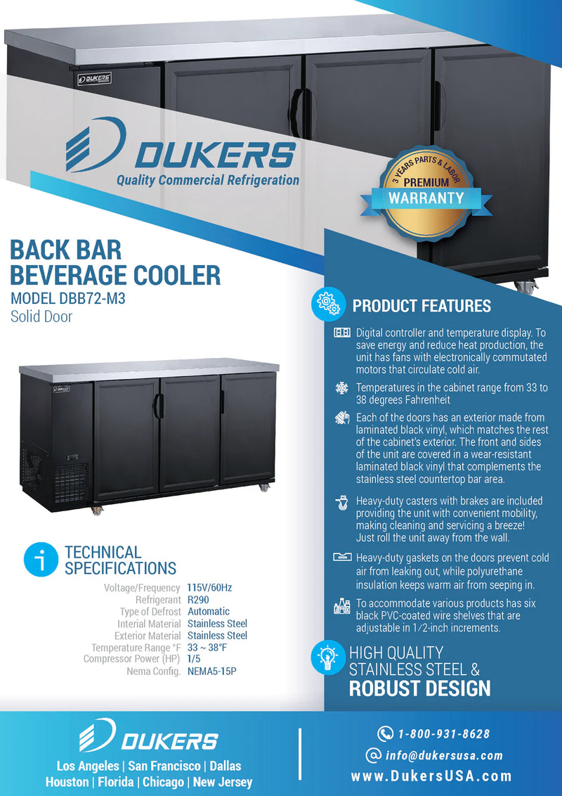 Dukers 72" Back Bar Cooler - Solid Door