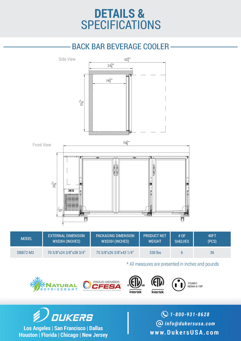 Dukers 72" Back Bar Cooler - Solid Door