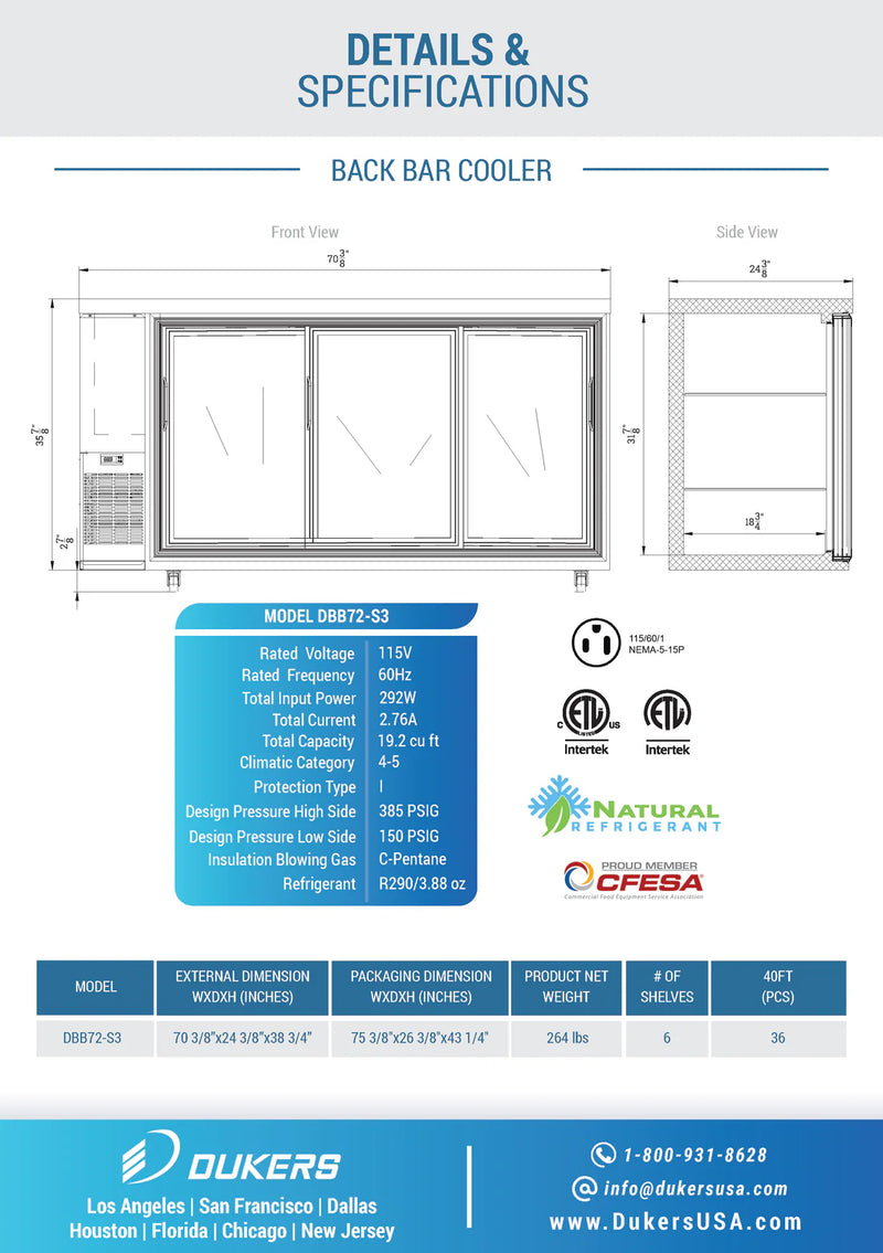 Dukers 72" Back Bar Cooler - Glass Door