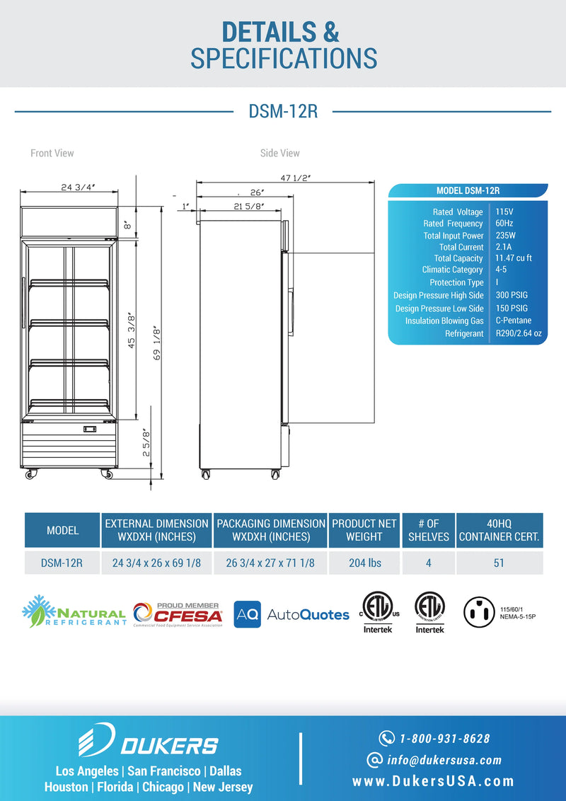 Dukers DSM-12R One Glass Door Refrigerator