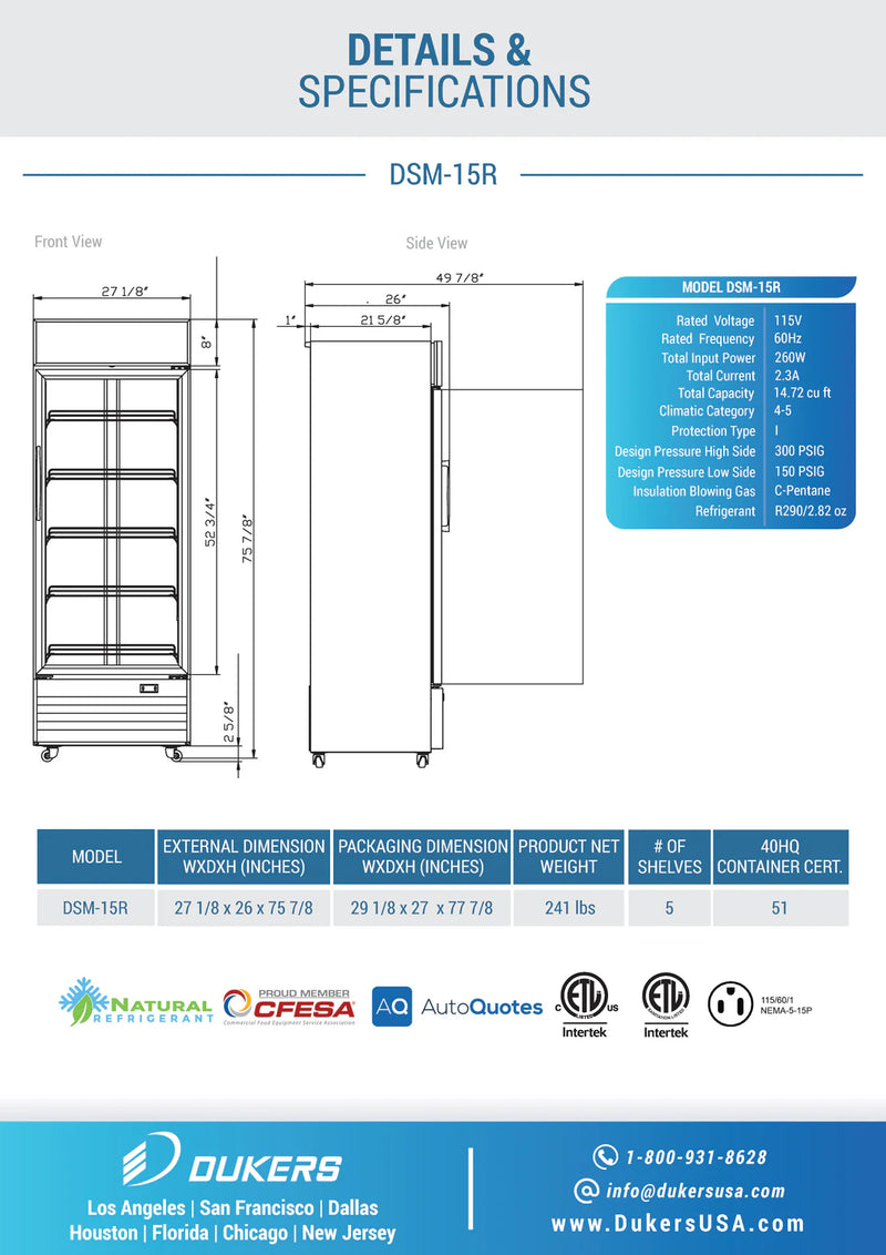 Dukers DSM-15R One Glass Door Refrigerator