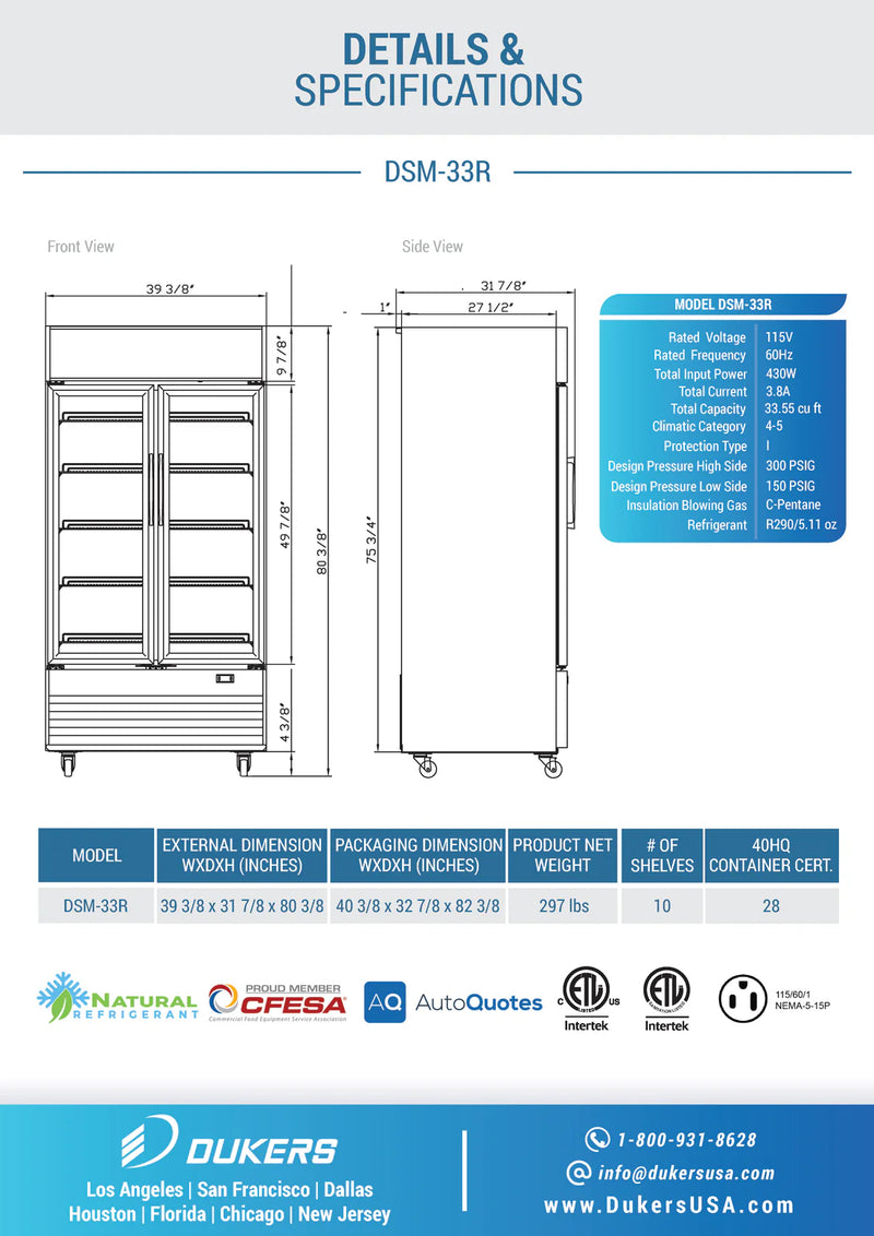 Dukers DSM-33R Two Glass Hinged Door Refrigerator