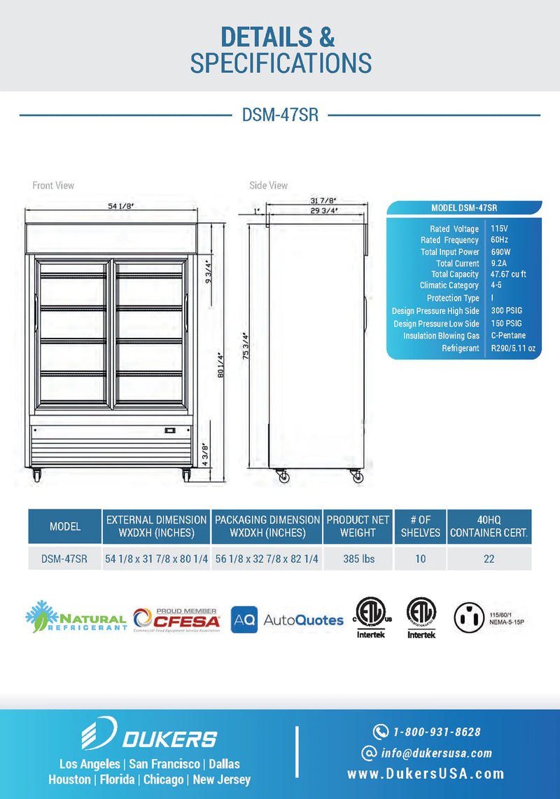 Dukers DSM-47SR Two Glass Door Sliding Refrigerator