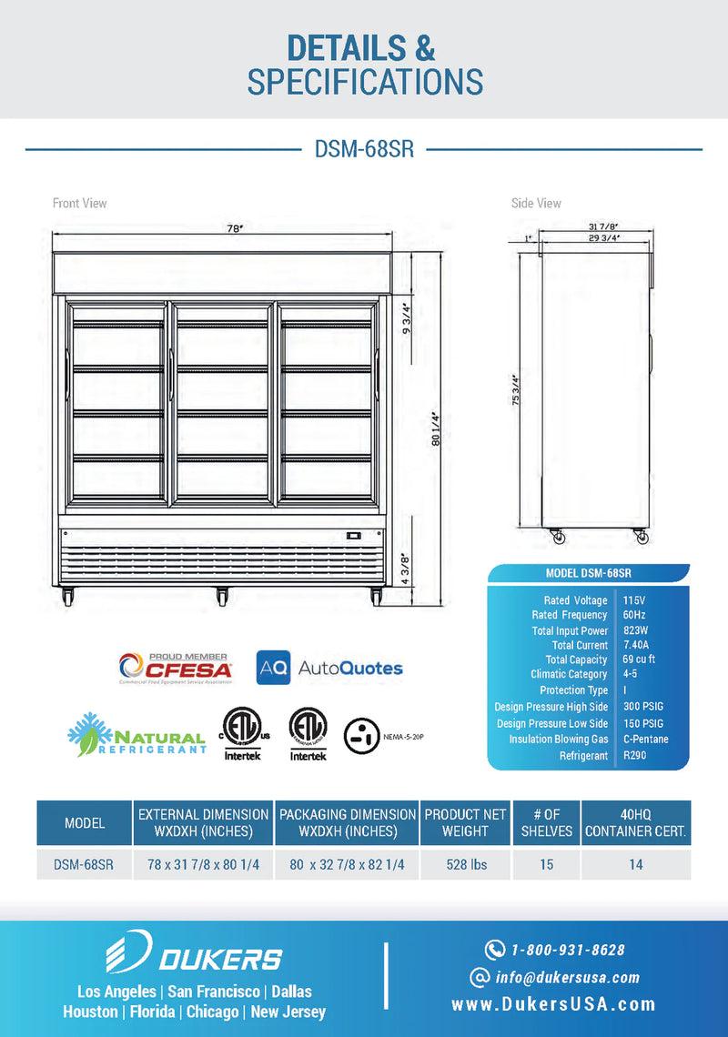 Dukers DSM-68SR Three Glass Door Sliding Refrigerator