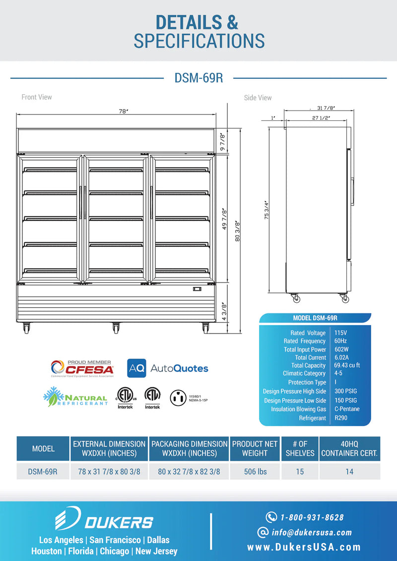 Dukers DSM-69R Three Glass Hinged Door Refrigerator